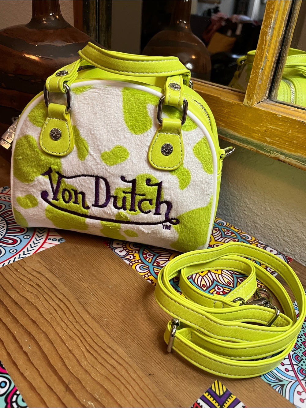 NEW Von Dutch Neon Green & White Cow-Print Mini Satchel w/crossbody strap